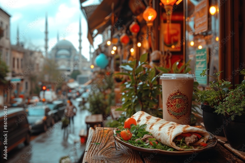 Fototapeta premium Delicious Chicken Wrap Served on a Wooden Table in an Urban Cafe Setting