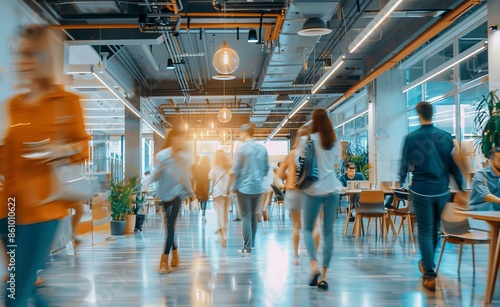 Busy office space in a modern interior design, walking past each other, conceptual, blurry photography