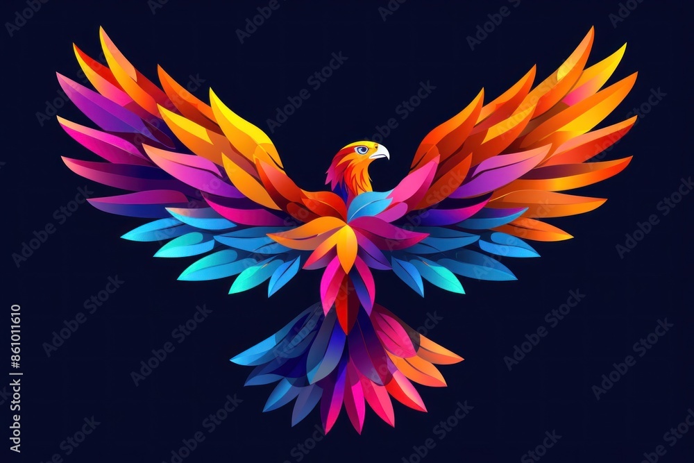 Majestic Flat Logo Eagle With Vibrant Gradient Wings Soaring Under a Dimly Lit Sky Majestic Flat Logo Eagle With Vibrant Gradient Wings Soaring Under a Dimly Lit Sky