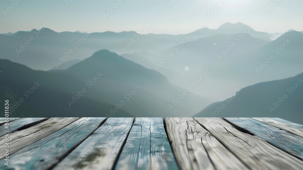 wooden table top with the mountain landscape : Generative AI wooden table top with the mountain landscape : Generative AI