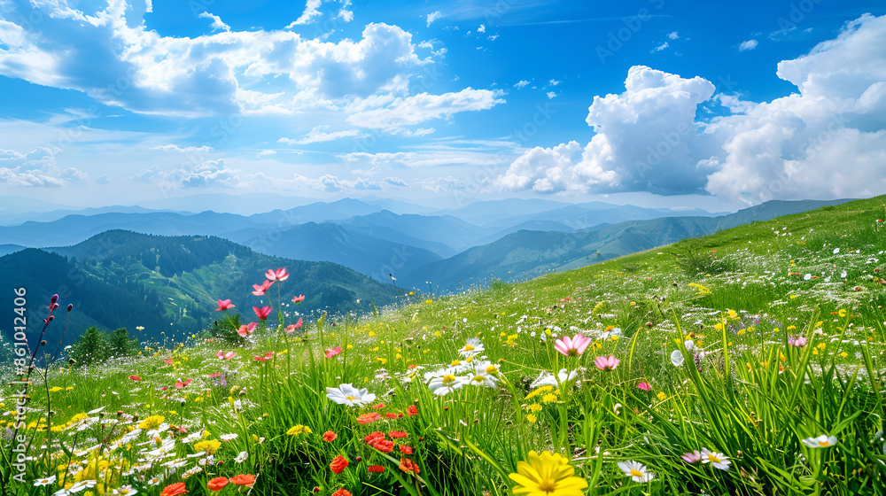 Summer mountain meadow with white daisies and blue sky with clouds ...