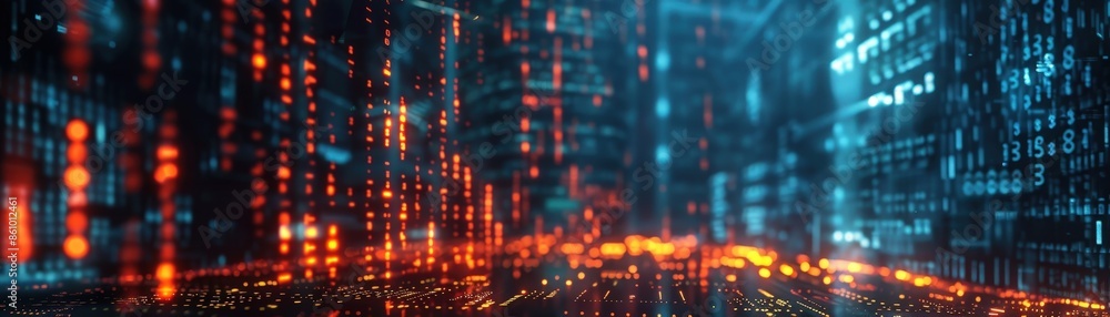 Obraz premium A vibrant, futuristic cityscape featuring glowing data streams and high-tech architecture, representing advanced technology and digital innovation.