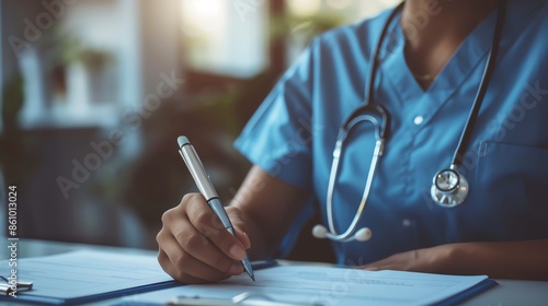 Close-up of a healthcare professional writing patient notes. Focus on the stethoscope and pen in a medical office setting. photo