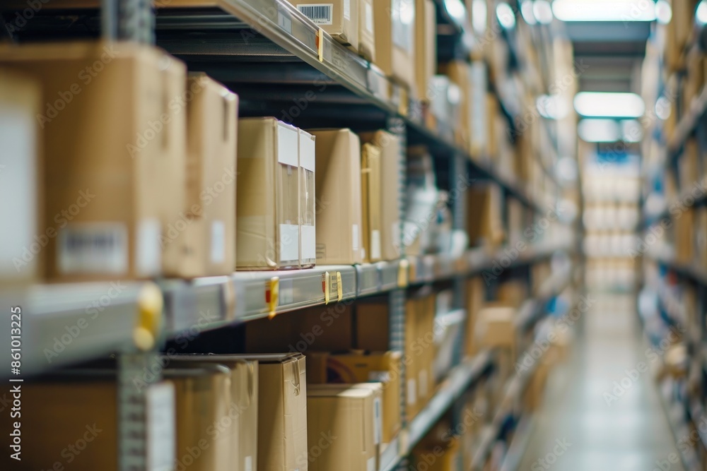 Warehouse shelves filled with various boxes and items in an industrial setting Warehouse shelves filled with various boxes and items in an industrial setting