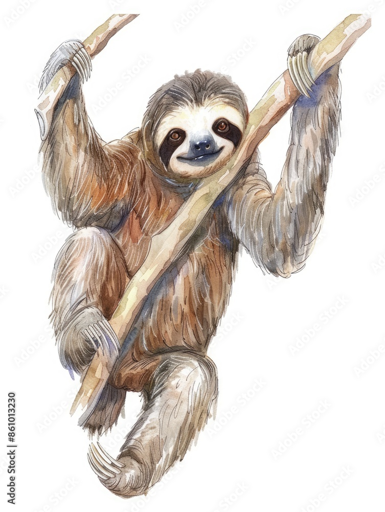 Naklejka premium Watercolor illustration of a sloth hanging from a tree branch