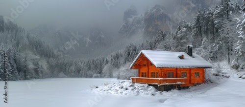 wooden stilt house covered with snow in the mountains