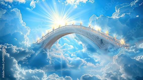Surreal sky bridge spans clouds, bathed in enlightening beams photo