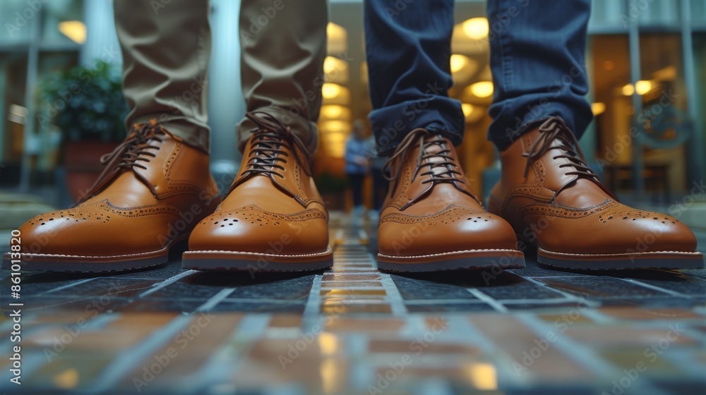 Close-up of business shoes on a team people standing nearby. Close-up of business shoes on a team people standing nearby.