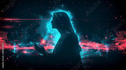 Mystical Virgin Mary Silhouette in Neon Lights for Spiritual and Religious Design photo