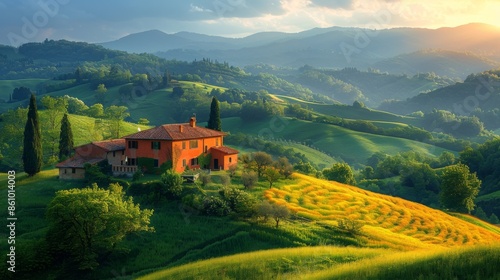 Wallpaper Mural Idyllic countryside house amidst rolling green hills at sunset Torontodigital.ca