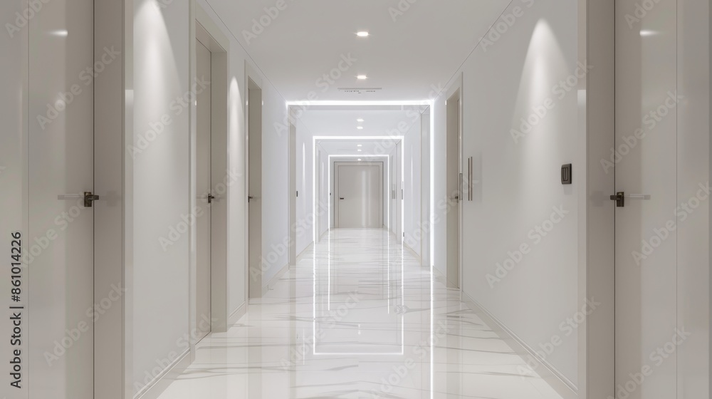 Fototapeta premium Modern apartment corridor with white walls, sleek doors, and minimalistic design, showcasing a clean and contemporary aesthetic