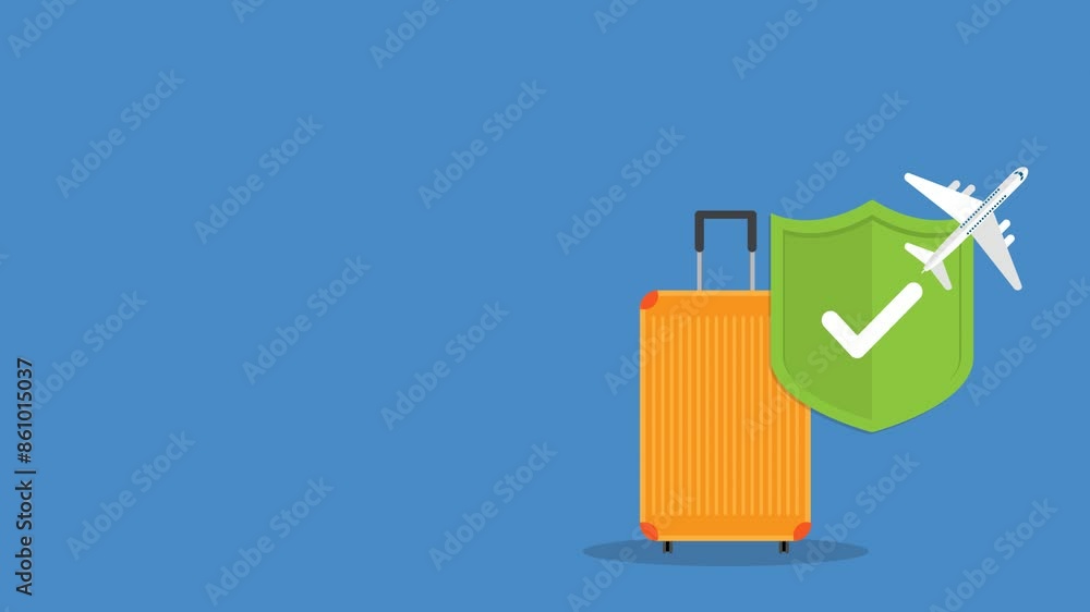 Traveling luggage suitcase and airplane trip protect by green shield. Travel insurance. Plane flight safety symbol. Aircraft journey risk protection. Traveling luggage suitcase and airplane trip protect by green shield. Travel insurance. Plane flight safety symbol. Aircraft journey risk protection.