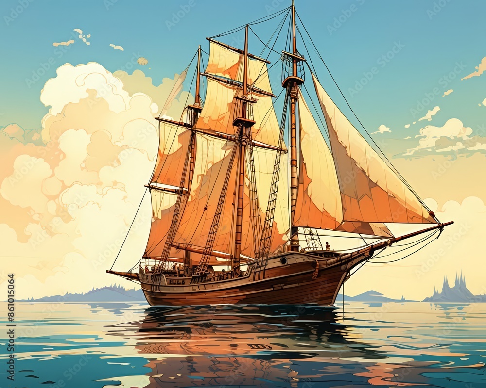 Classic sailboat with a digital navigation interface, merging old nautical design with new technology, Vintage, Cool tones, Digital painting Classic sailboat with a digital navigation interface, merging old nautical design with new technology, Vintage, Cool tones, Digital painting