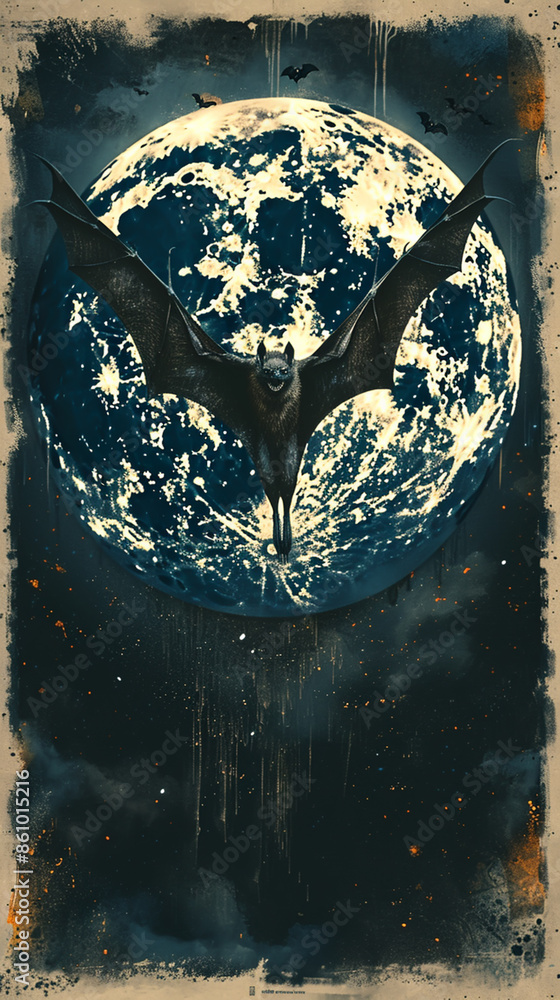 Fototapeta premium Mystical Nocturnal Bat Silhouette with Moon Backdrop - Enigmatic Wildlife Art for Posters and Prints