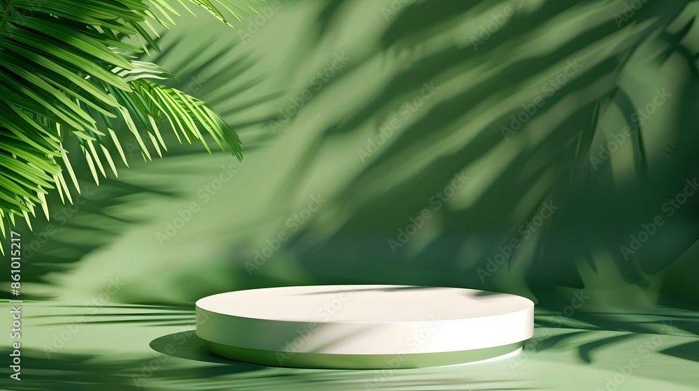 Minimal abstract background for the presentation of a cosmetic product Empty premium podium with a shadow of tropical palm leaves on a green background Showcase display case : Generative AI Minimal abstract background for the presentation of a cosmetic product Empty premium podium with a shadow of tropical palm leaves on a green background Showcase display case : Generative AI