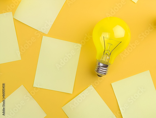 Glowing power saving lamp and notepad with sticky notes,
Crumpled paper ball with white light bulb and paperclip on white background

