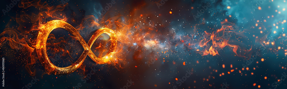 Fiery Infinity Symbol in Cosmic Nebula Background - Digital Art of Space and Flames Fiery Infinity Symbol in Cosmic Nebula Background - Digital Art of Space and Flames