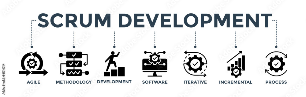Scrum development banner concept with icon of agile, methodology, development, software, iterative, incremental and process Scrum development banner concept with icon of agile, methodology, development, software, iterative, incremental and process