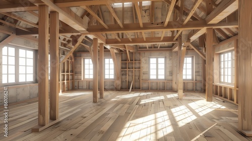 Interior of a house under construction with wooden beams