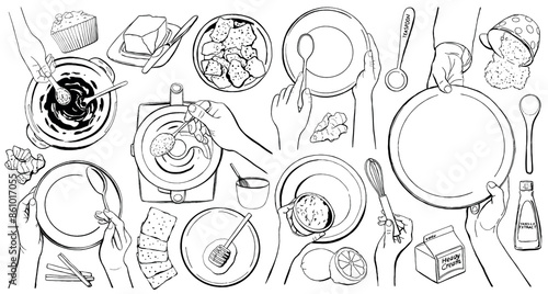 Outline of chef hands isolated on white background. Female hands holding kitchen utensils. Plate, spatula, blender, spoon, fork, flour, salt, butter, cookies, milk, cream, honey and other products for