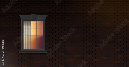 window  light illumination brick house facade wall night copy space vector illustration
