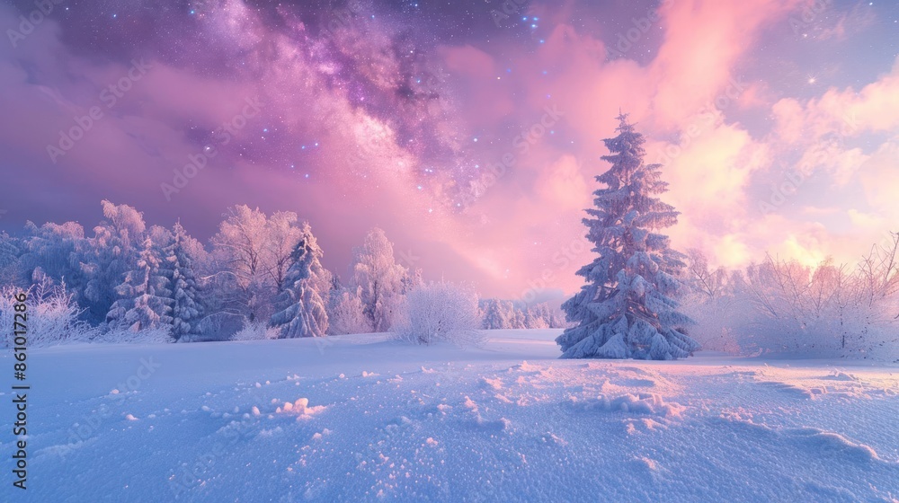 Tranquil snow landscape starry magenta sky above Tranquil snow landscape starry magenta sky above