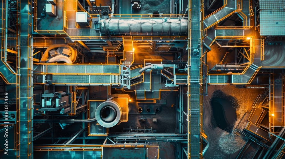 Modern sugar factory, top view of the cane processing line production, showcasing advanced machinery and automated systems Modern sugar factory, top view of the cane processing line production, showcasing advanced machinery and automated systems