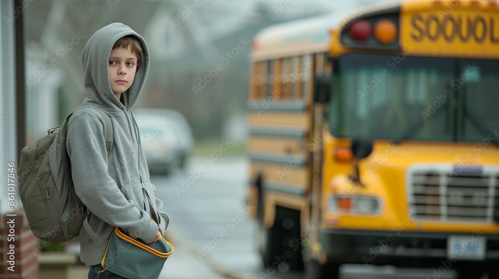 Back to School - Shy boy in a grey hoodie holding a lunch bag, standing near the school bus on the first day of school Back to School - Shy boy in a grey hoodie holding a lunch bag, standing near the school bus on the first day of school