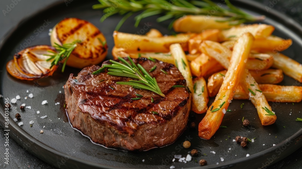 Grilled Steak with Crispy Fries and Rosemary Garnish Grilled Steak with Crispy Fries and Rosemary Garnish
