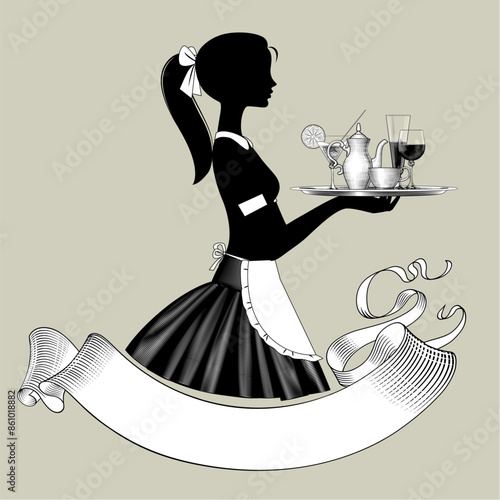A black silhouette of a young waitress in a short skirt holding a tray with a coffee pot, cup and glasses over a rounded retro banner ribbon. Vector illustration in vintage engraving style