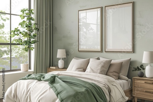 A simple bedroom with green and neutral tones, featuring two blank picture frames on the wall above an elegant bed with a soft pastel blanket