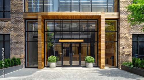 Prominent office entrance of a professional company, showcasing branding elements with a sophisticated storefront design photo