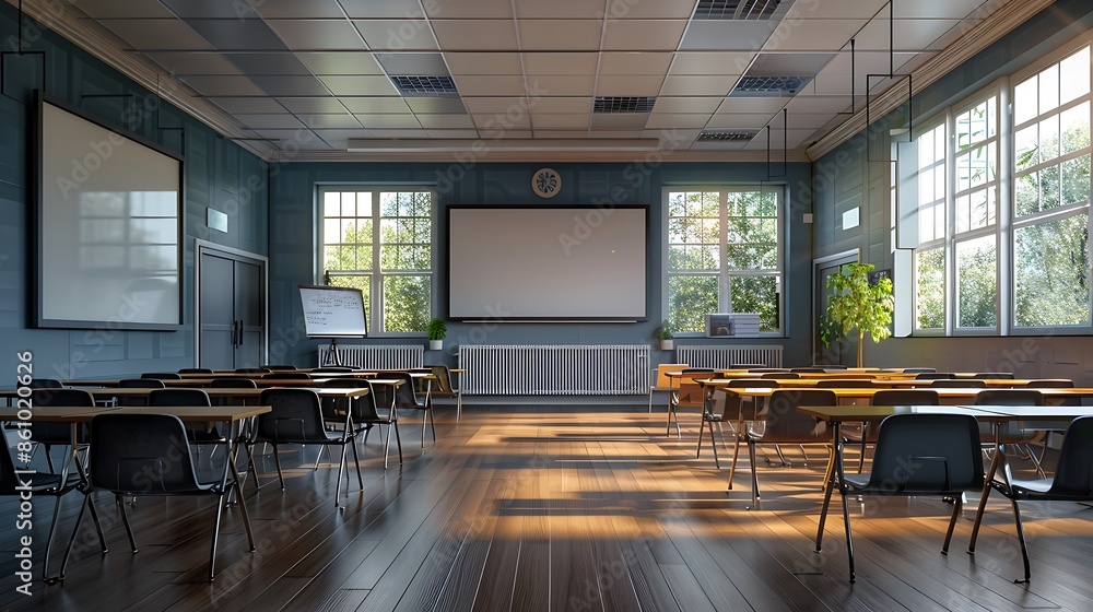 Empty Classroom with Sunlight Streaming in Empty Classroom with Sunlight Streaming in