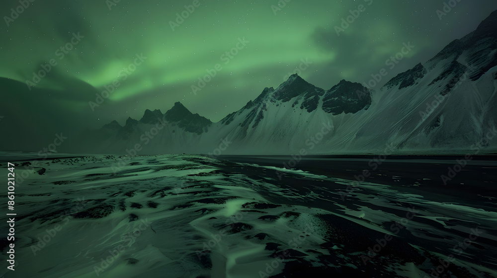Amazing view of green aurora borealis shining in night sky over snowy mountain ridge with black sand stockness beach and vestrahorn mountain in background in iceland : Generative AI Amazing view of green aurora borealis shining in night sky over snowy mountain ridge with black sand stockness beach and vestrahorn mountain in background in iceland : Generative AI