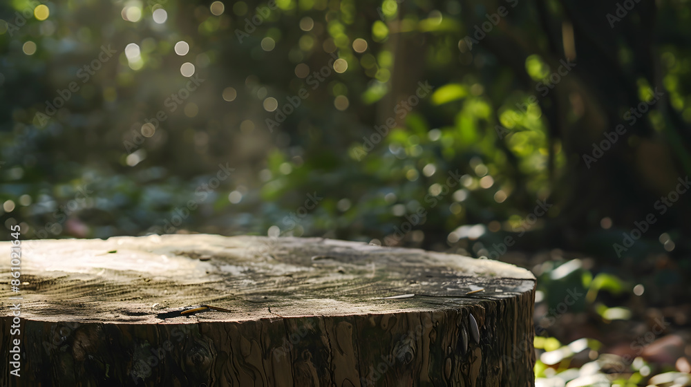 Tree trunk stump as a table in a nature garden park on holiday With a drooping tree branch trunk with a smooth surface to show your products trees and sunlight in background : Generative AI Tree trunk stump as a table in a nature garden park on holiday With a drooping tree branch trunk with a smooth surface to show your products trees and sunlight in background : Generative AI