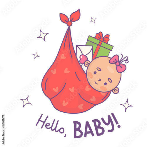 Cute festive newborn girl in bag bundle with gifts. Funny cartoon kawaii holiday infant character. Vector illustration. Kids collection. Hello, baby card