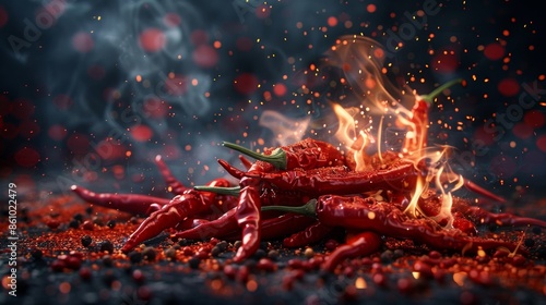 Red hot dried chili peppers, placed on a dark background, with a fiery visual effect to convey intense spiciness photo
