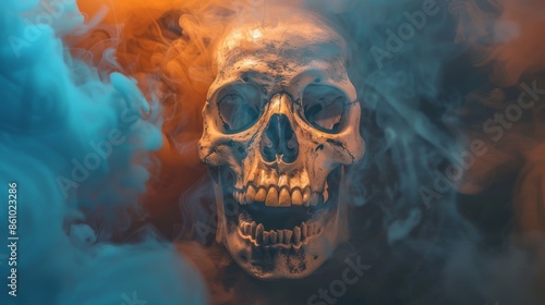 Haunting image of a human skull surrounded by swirling clouds of vivid orange and teal smoke. Dramatic lighting highlights the skull's contours and empty eye sockets.  photo
