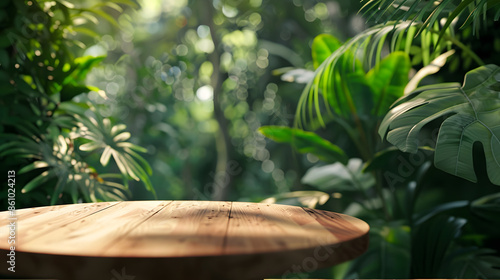 Table top wood counter floor podium in nature outdoors tropical forest garden blurred green jungle plant backgroundnatural product present placement pedestal stand displayspring or sum : Generative AI photo