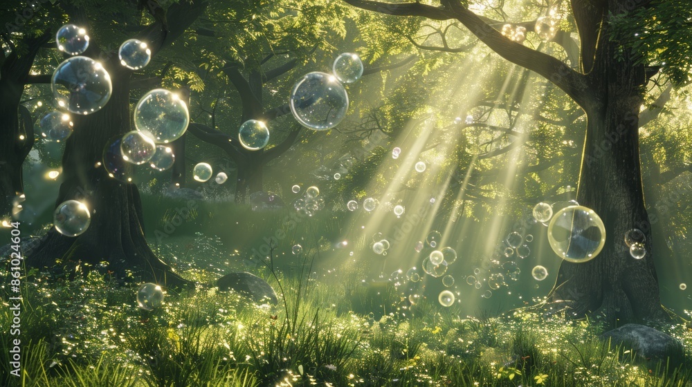 Sun-dappled forest with dense canopy, bubbles floating in the air ...