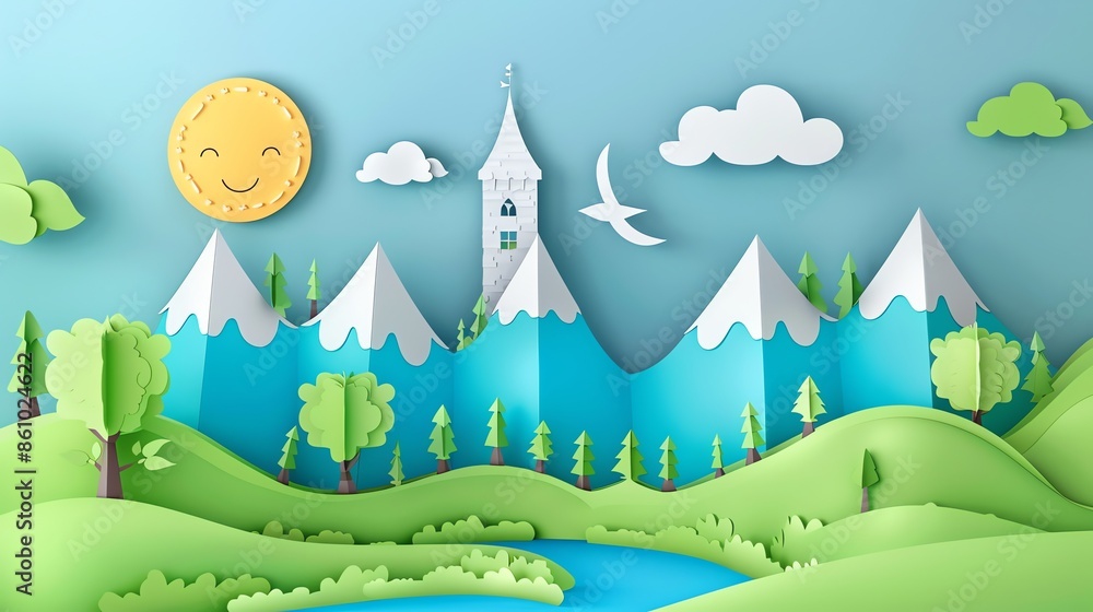 paper art, cute views typical of small children in bright colors, suitable for small children in elementary school, kindergarten, 16:9 paper art, cute views typical of small children in bright colors, suitable for small children in elementary school, kindergarten, 16:9