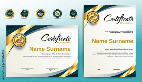 Certificates of completion template with luxury badge and modern line and shapes. Horizontal certificate For award, business, and education needs. Diploma vector template