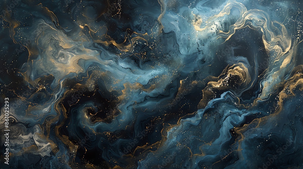Abstract Blue and Gold Swirls in Elegant Fluid Art Painting Abstract Blue and Gold Swirls in Elegant Fluid Art Painting
