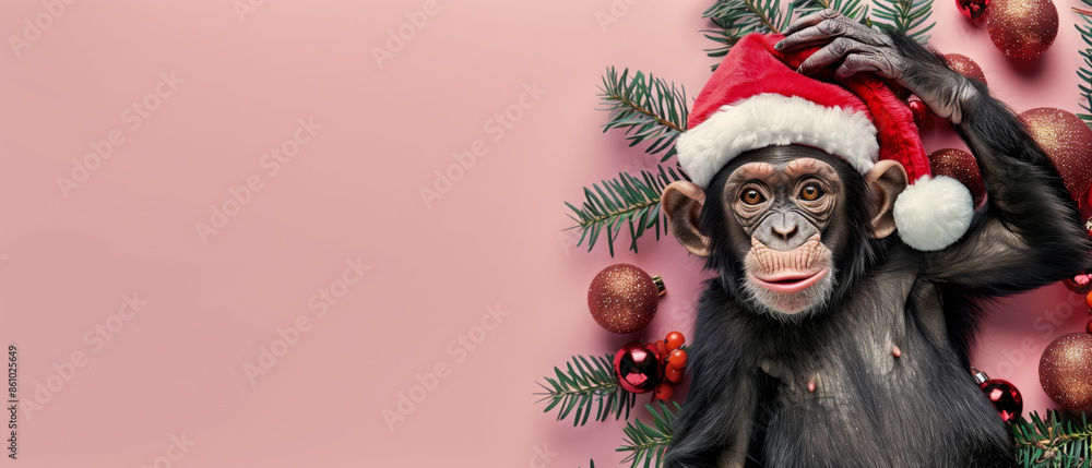 A cute chimpanzee wearing a Santa hat with Christmas ornaments and tree branches on a pink background. Perfect for holiday-themed designs. A cute chimpanzee wearing a Santa hat with Christmas ornaments and tree branches on a pink background. Perfect for holiday-themed designs.