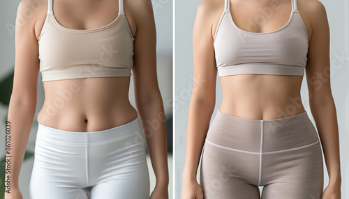 Comparison of a woman before and after weight loss, highlighting the transformation in her fitness journey wearing sportswear. photo