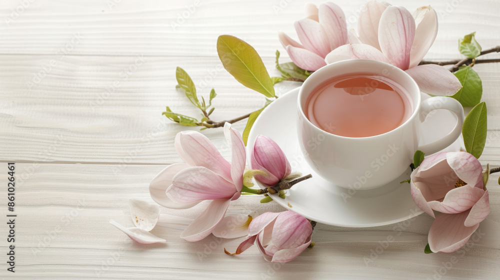 Cup of Tea with Magnolia Flowers on White Wooden Background Cup of Tea with Magnolia Flowers on White Wooden Background