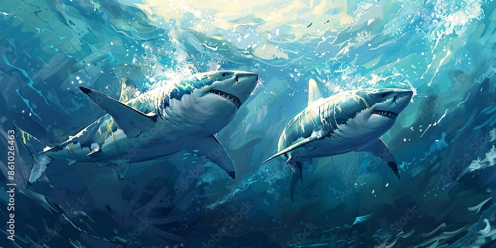 Fototapeta premium Two enormous white sharks swim beneath the sea. Visual representation.
