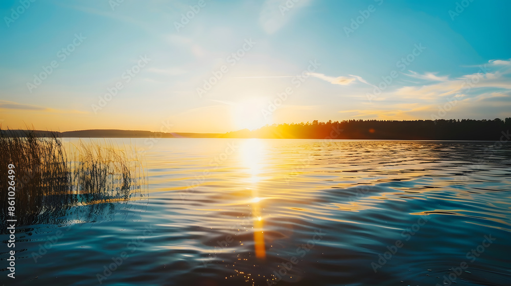 Obraz premium sunset at coast of the lake Nature landscape Nature in northern Europe reflection blue sky and yellow sunlight landscape during sunset : Generative AI