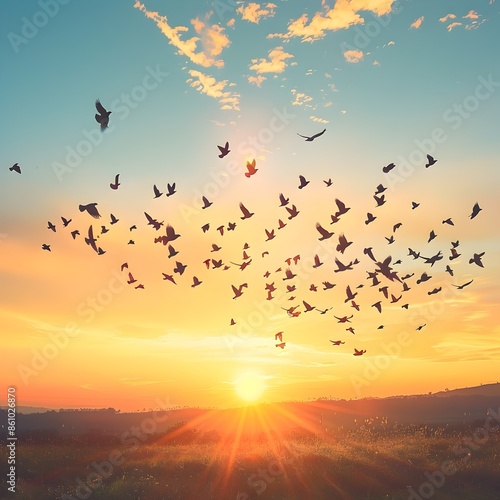 A Flock of Birds Taking Flight at Vibrant Sunrise Embracing the Energy of New Beginnings