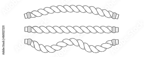 Repeating rope set. Seamless hemp cord line collection. Outline chain, braid, plait stripe bundle. Illustration hand drawn graphic in black on white.